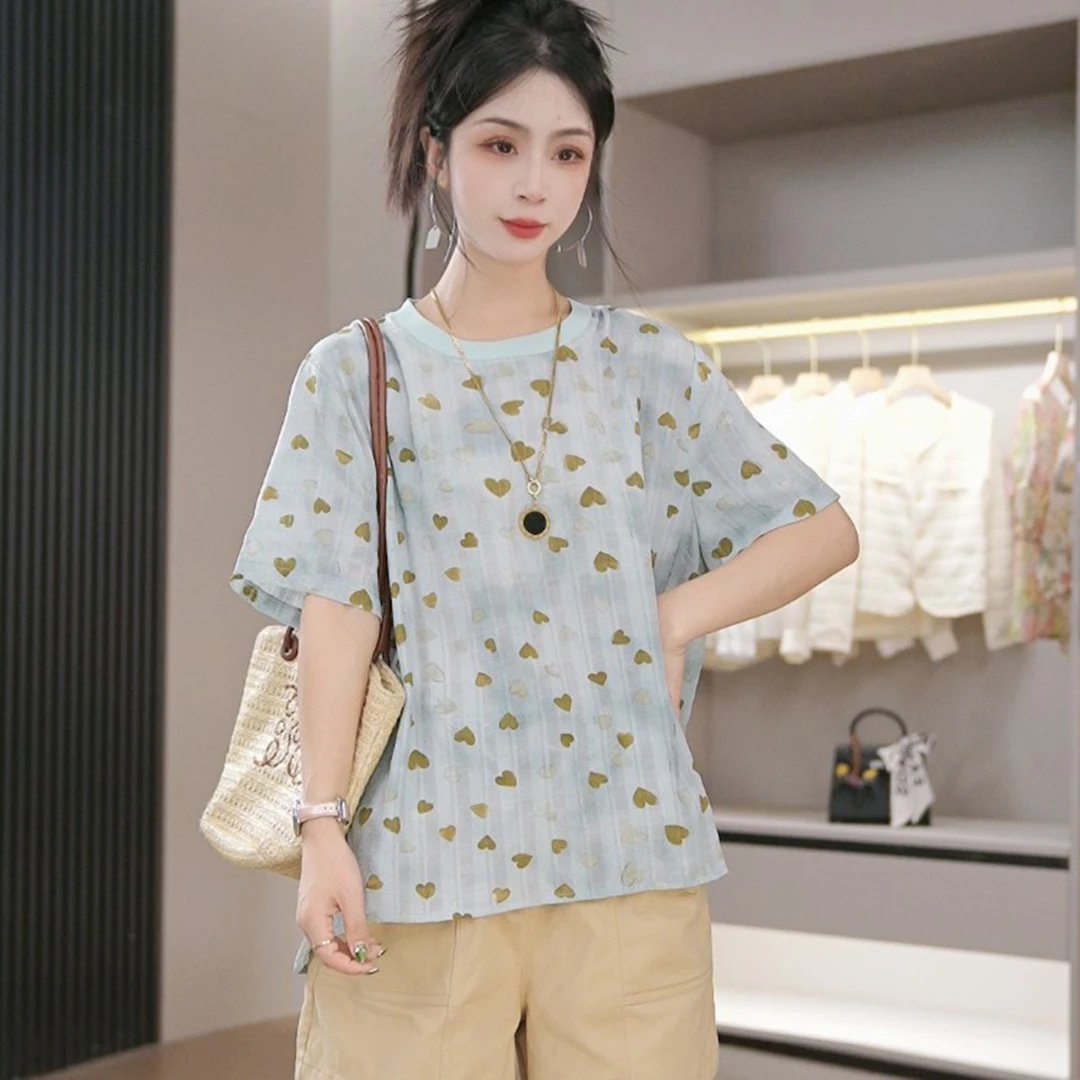 【蓝色爱心】夏季新款洋气减龄圆领衬衣复古扎染上衣显瘦时尚
