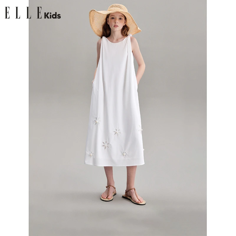 ELLE KIDS 法式度假女儿童夏季新款扭结绣花可调节吊带连衣裙A4