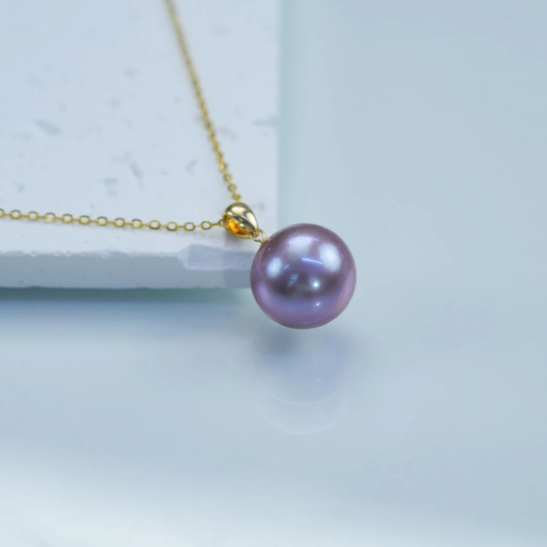 12-13mm18k金极光正圆淡水有核紫珠大龙王吊坠(赠银链)