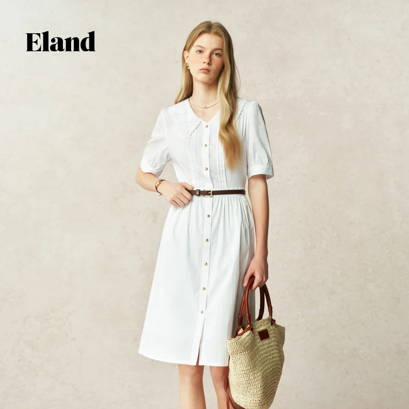 【初恋裙】Eland衣恋翻领泡泡袖塔克收腰短袖连衣裙女EEOWF25T7C