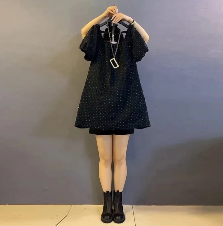 夏季黑色重工烫钻气质显瘦长款时尚法式收腰宽松泡泡袖连衣裙