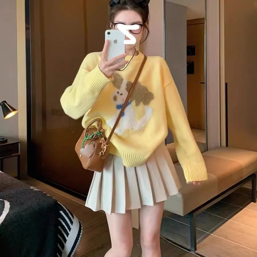 大码胖MM小狗提花打底针织衫女春秋慵懒风宽松显瘦遮肉奶fufu毛衣