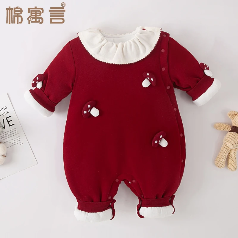 宝宝冬季连体衣纯棉夹棉婴儿衣服洋气娃娃领超萌立体蘑菇长袖哈衣