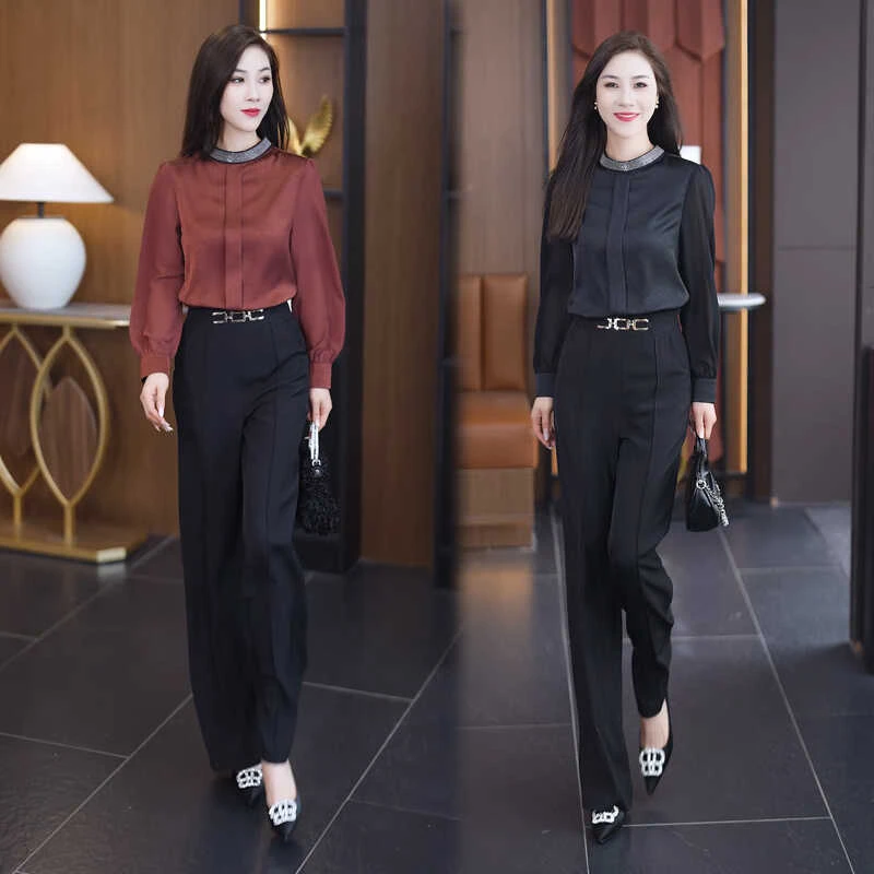 La babite时尚套装秋季新款洋气设计感长袖衬衫高腰阔腿裤两件套