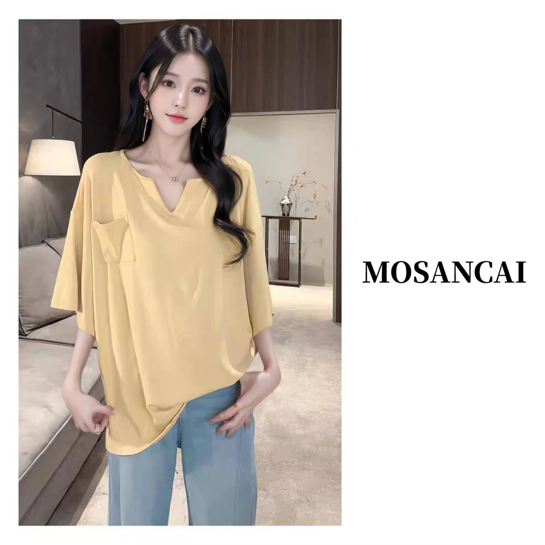 【小V领短袖】口袋简约慵懒大领口宽松oversize高级短袖女C2506