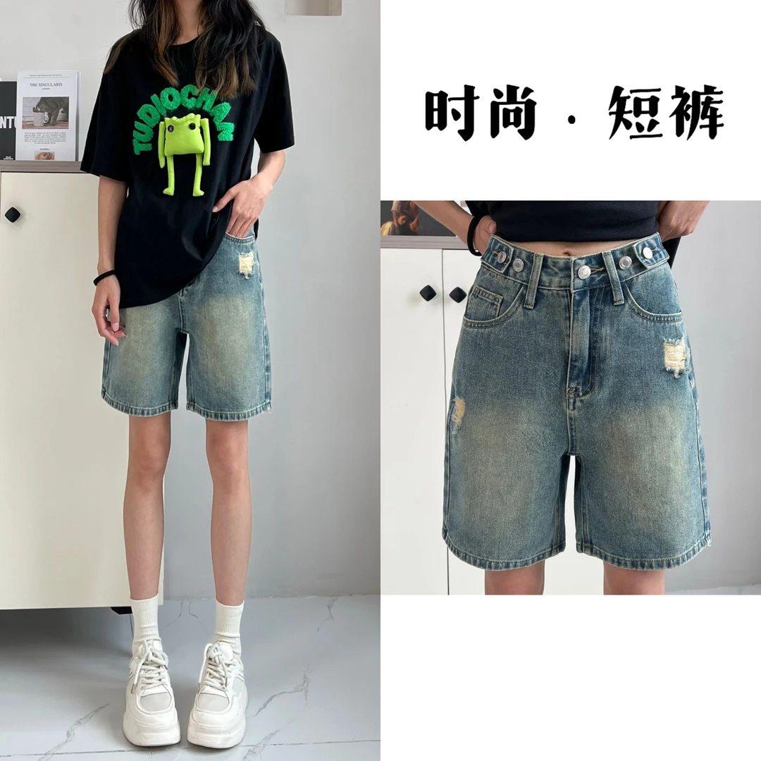 【送腰带】夏季新款2025高腰薄款复古蓝百搭遮胯直筒短裤