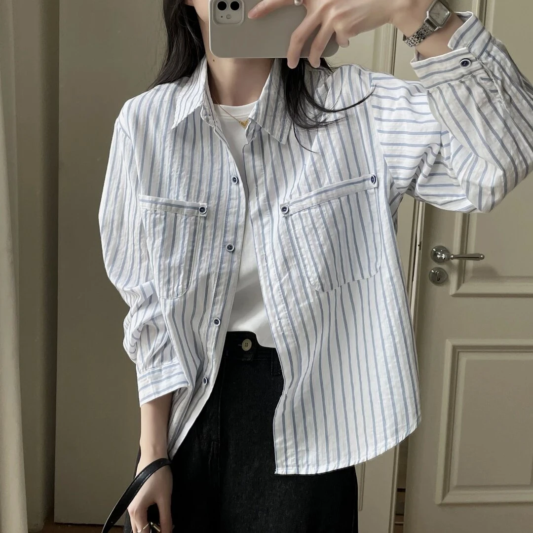 衬衣女2025早秋新款韩版宽松百搭高级感小众双口袋撞色条纹衬衫潮