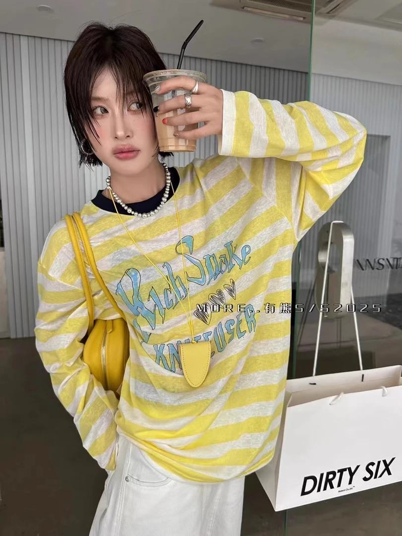 韩系通勤圆领长袖条纹防晒t恤女2025款独特绝美减龄小众百搭上衣