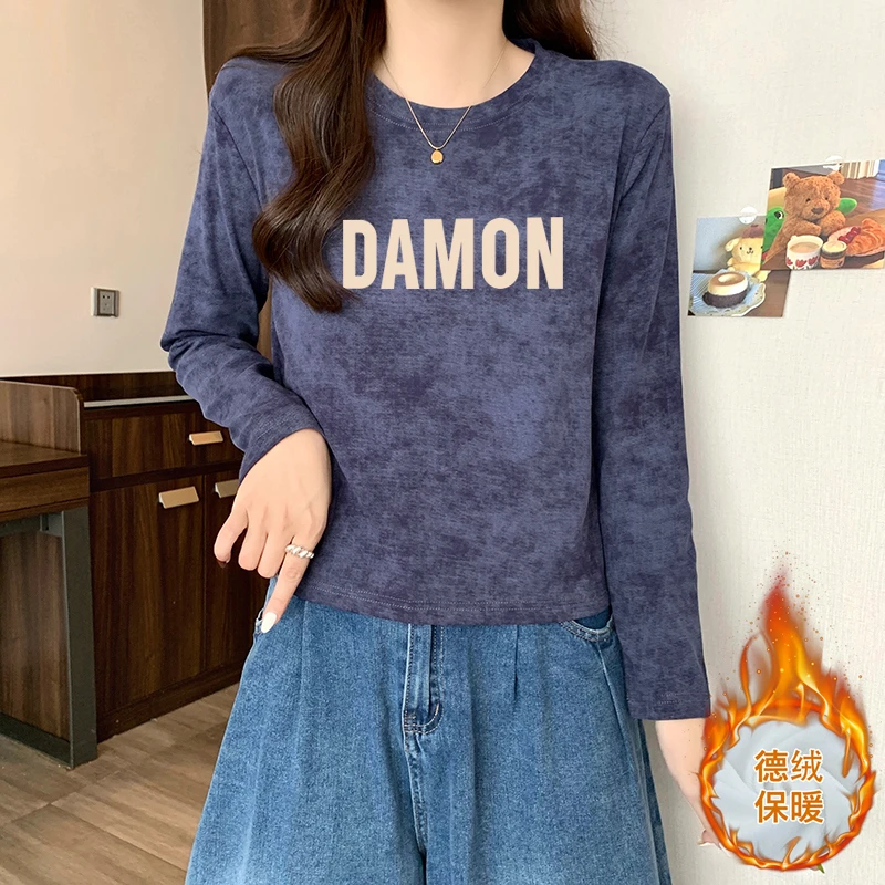 秋冬季美式复古扎染新款德绒磨毛正肩长袖t恤女设计感打底衫上衣