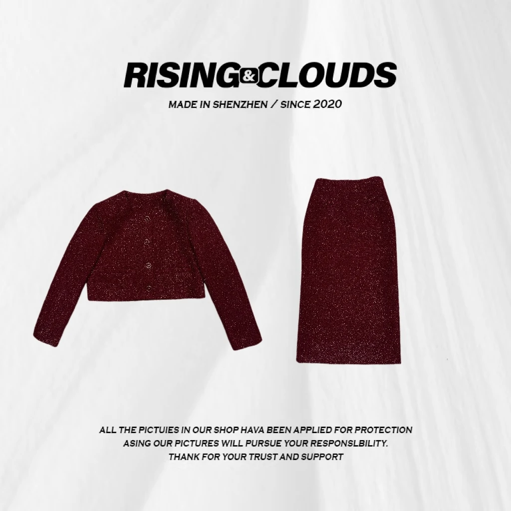 RISING&CLOUDS【恒星】细闪两件套收腰套装羊毛开衫半裙010118