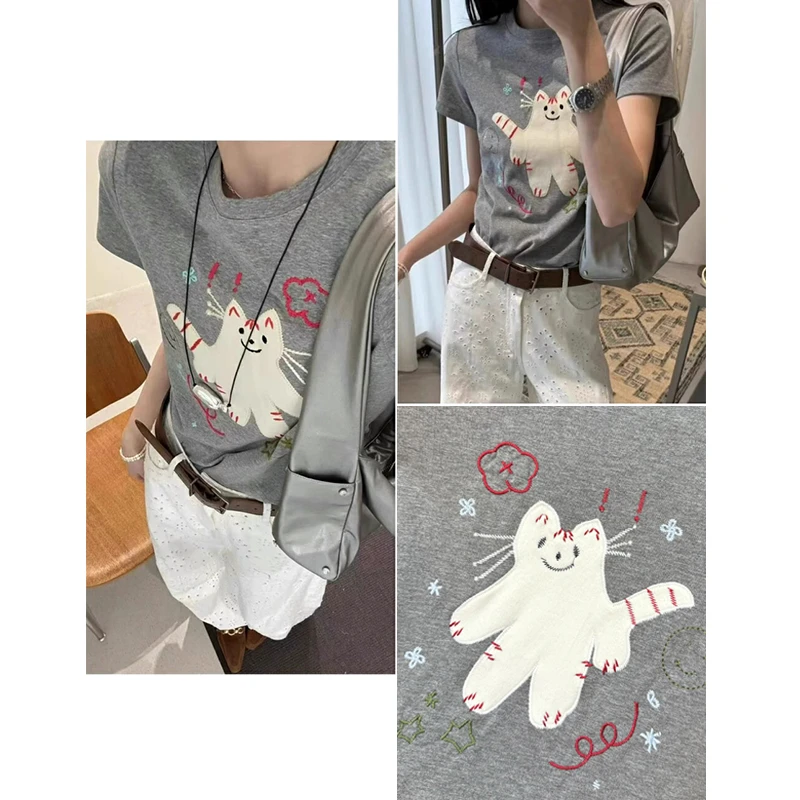 【猫咪刺绣】2025爆款超好看正肩短袖t恤女夏季韩版趣味漂亮小衫潮