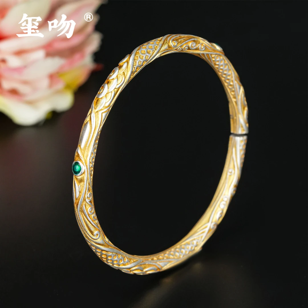 足银手镯 【玺吻】足银999.9 哪吒乾坤圈描金手镯 如意手镯
