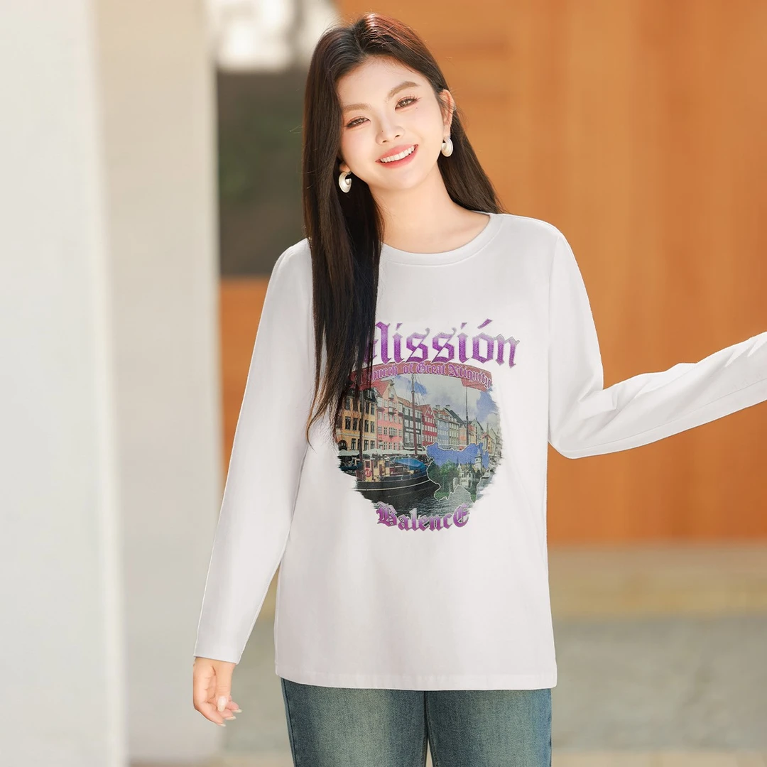 【亲肤舒柔棉闪粉印花T恤打底衫】MsShe大码女装春季上衣K2412002