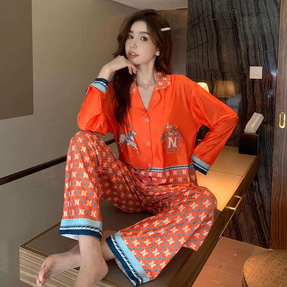 小香风春秋睡衣女长袖套装提花冰丝宽松卡通休闲春夏家居服可外穿