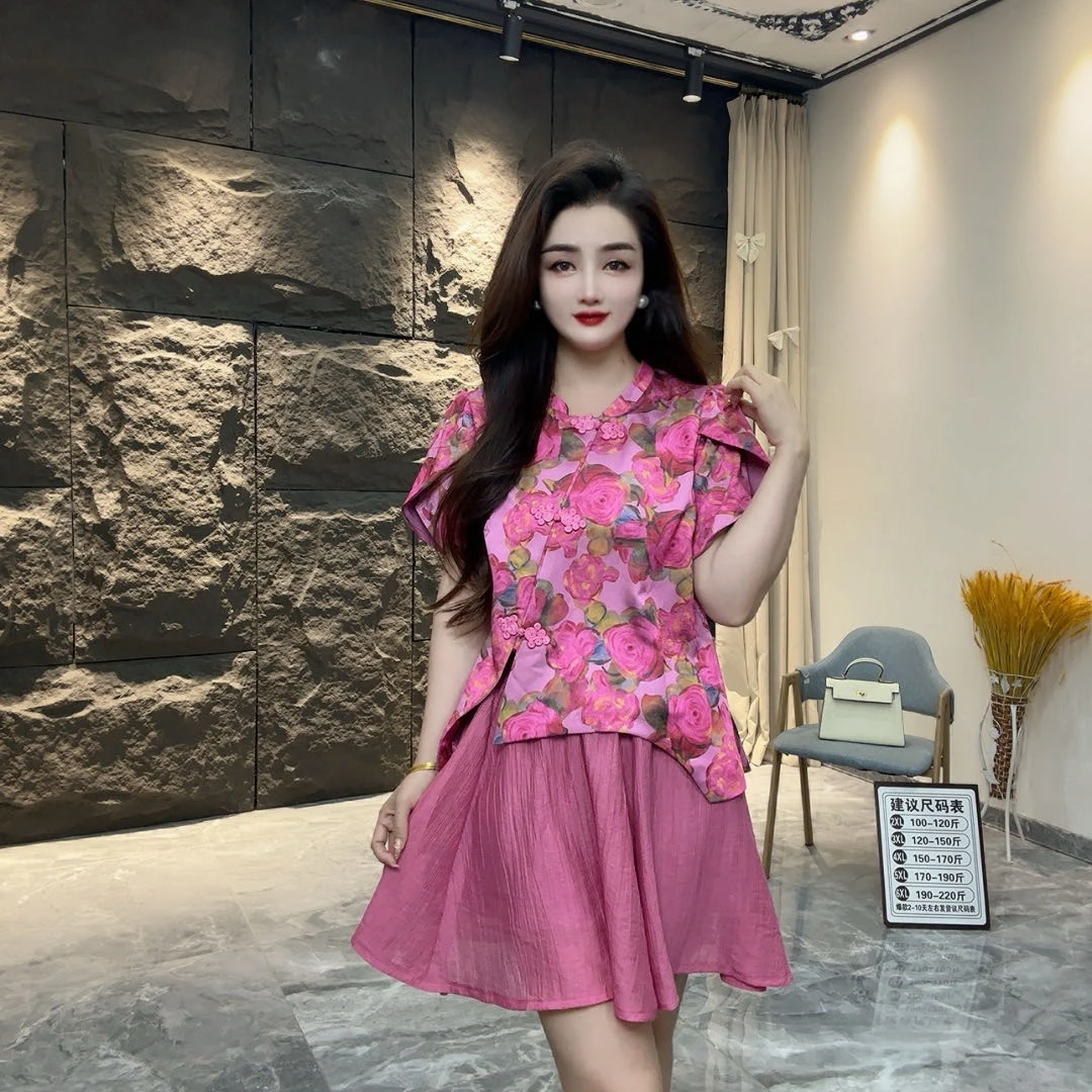 新中式国风花苞袖斜襟盘扣复古印花不规则小众设计短裙两件套