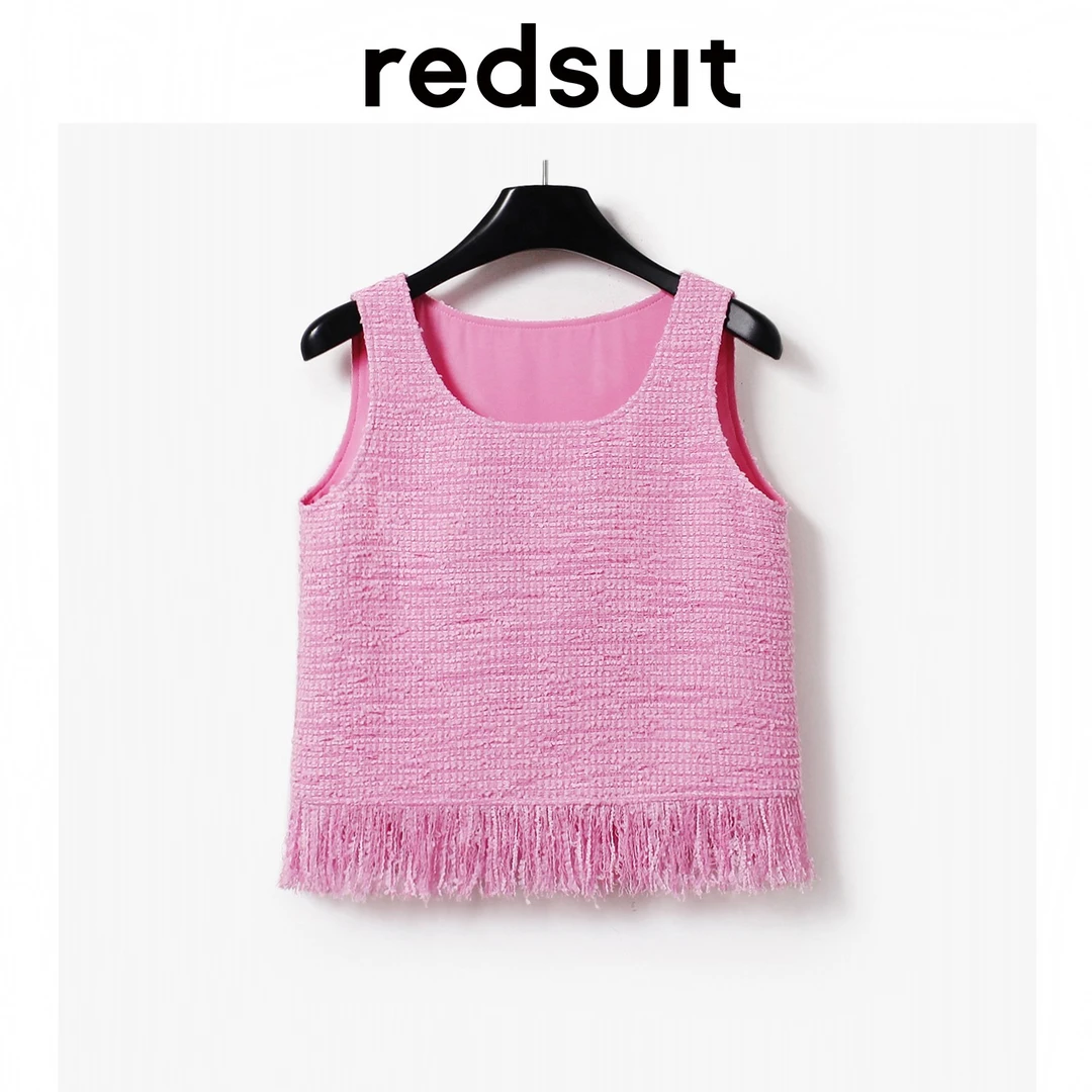 redsuit 时髦休闲玫红色流苏圆领小香风甜美减龄无袖薄款马甲上衣