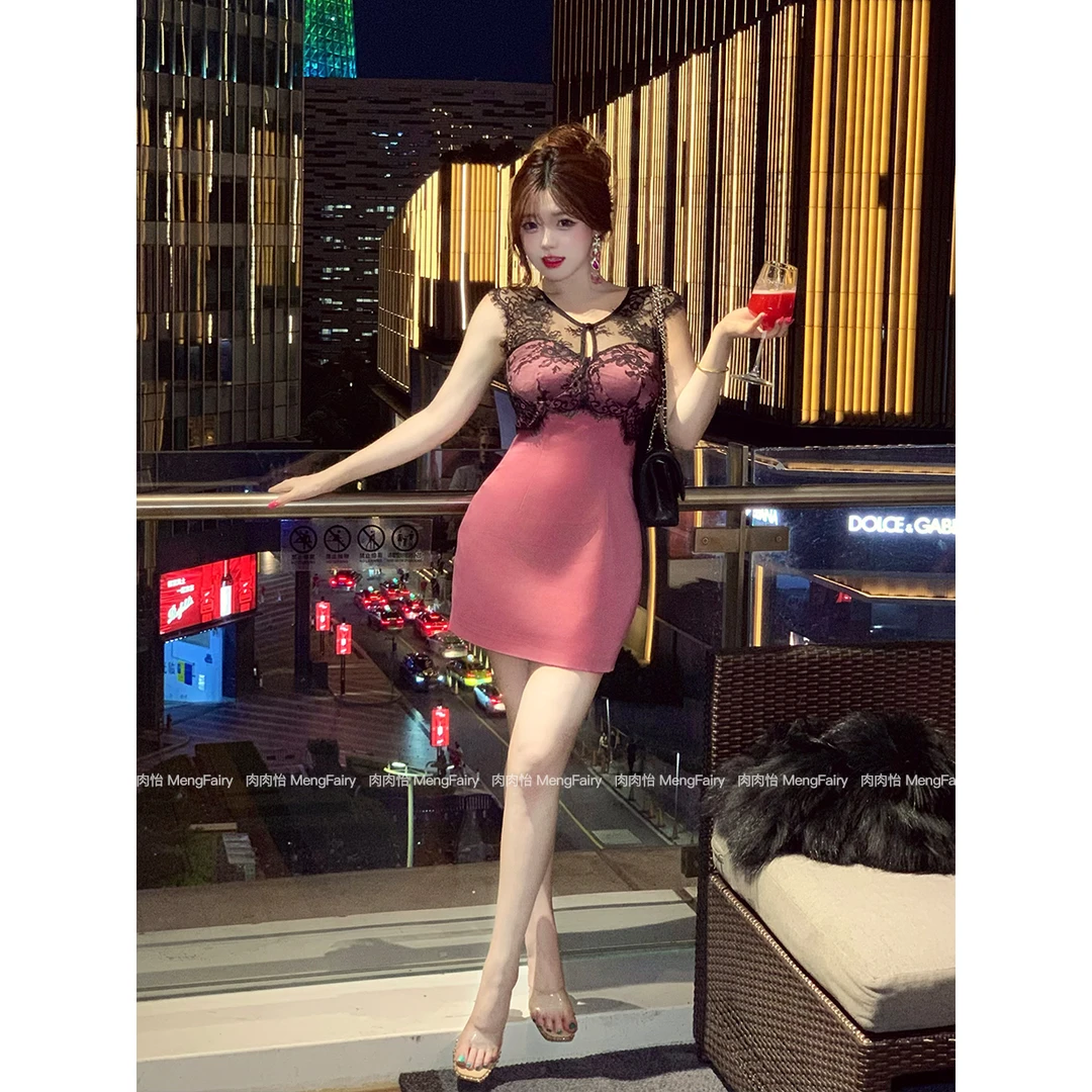 萌面侠肉肉怡【夜色迷人】轻熟韵味流光风蕾丝拼接修身连衣裙6341