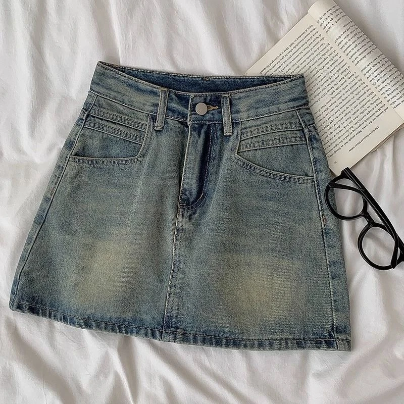 大码夏季A字版三分短裙辣妹显瘦复古蓝百搭宽松设计感韩版
