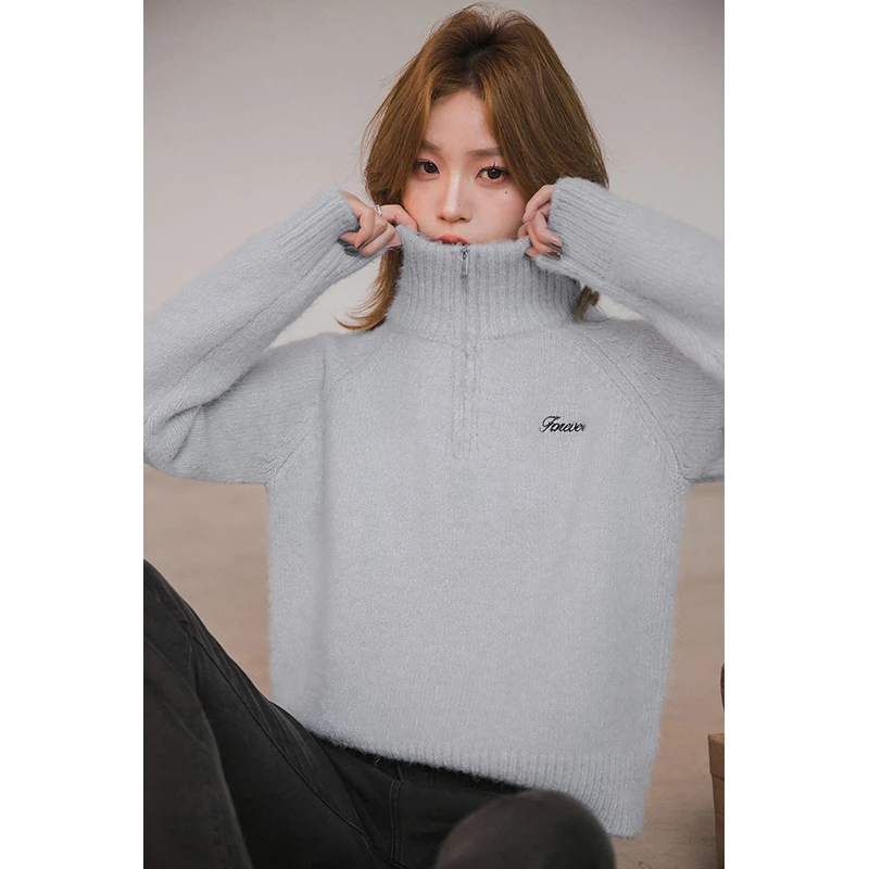 小谷粒绒绒毛衣 高领半拉链气质女2025春季新款套头撞色绣花上衣