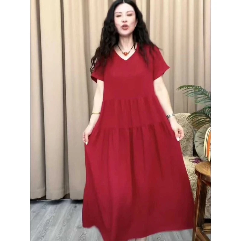 网红短袖连衣裙纯色时尚休闲夏季宽松新款气质显瘦过膝女中长裙子