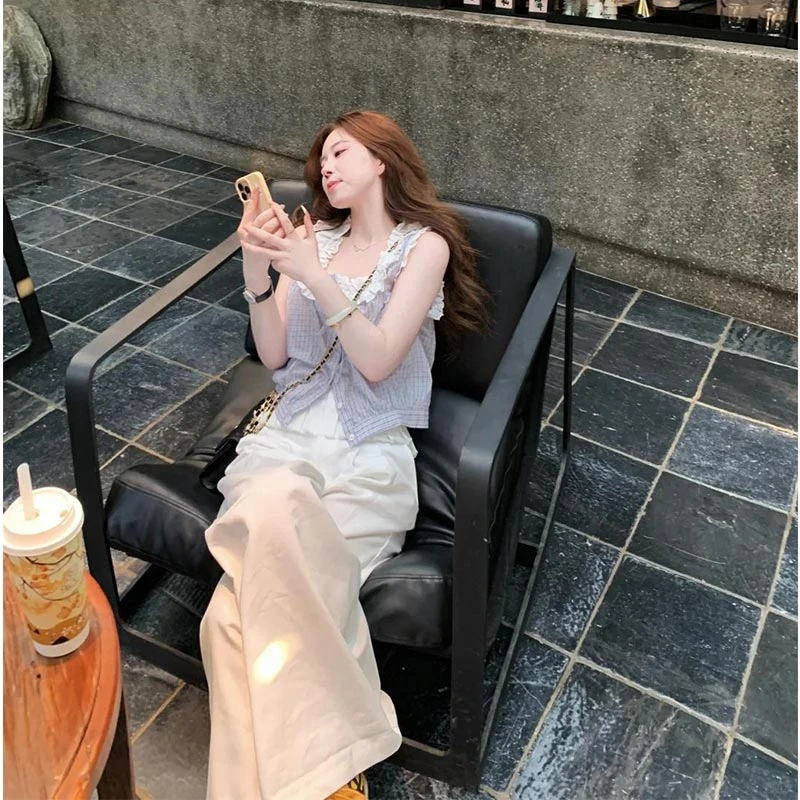 2025夏季韩版新款设计感小众条纹花边无袖上衣高腰休闲裤两件套女