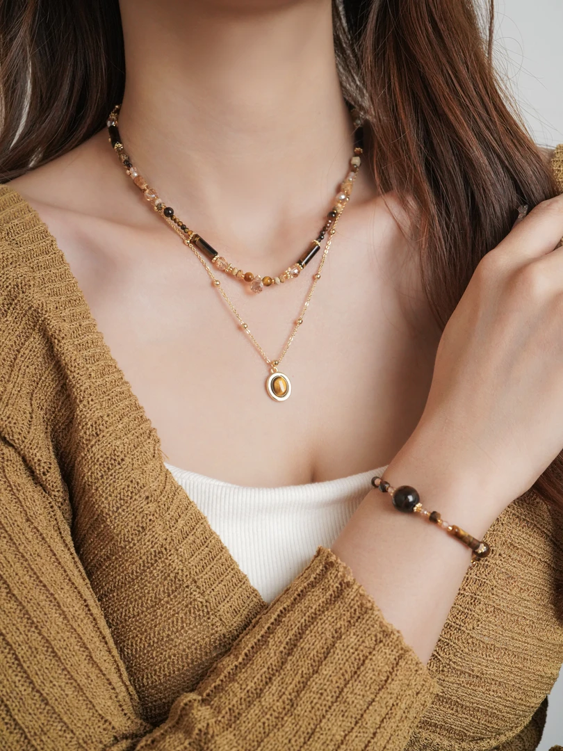 铜合金项链 两条叠戴虎眼石项链手工串珠复古小众颈链女