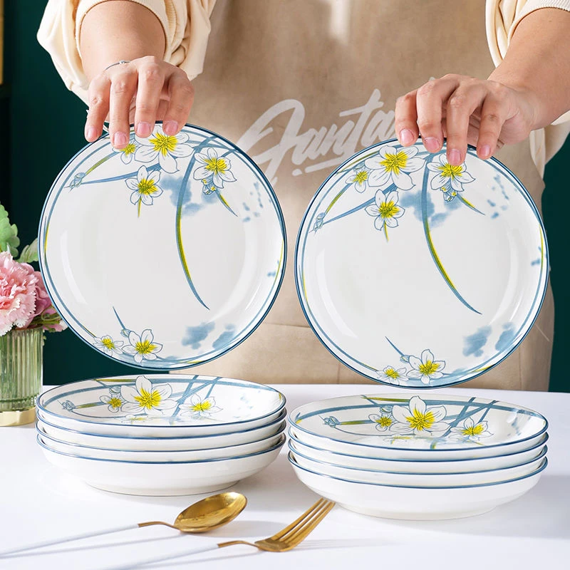 【8英寸盘水仙花6支装】家用陶瓷饭盘子菜盘釉下彩饭盘工艺网红餐具