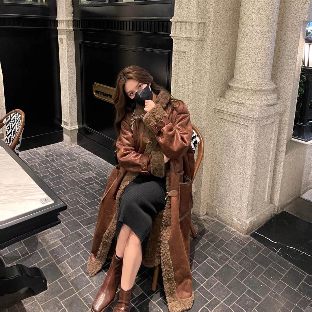 【青】Liixu高级感冬天毛毛外套休闲保暖大衣女冬季加厚长款W1365