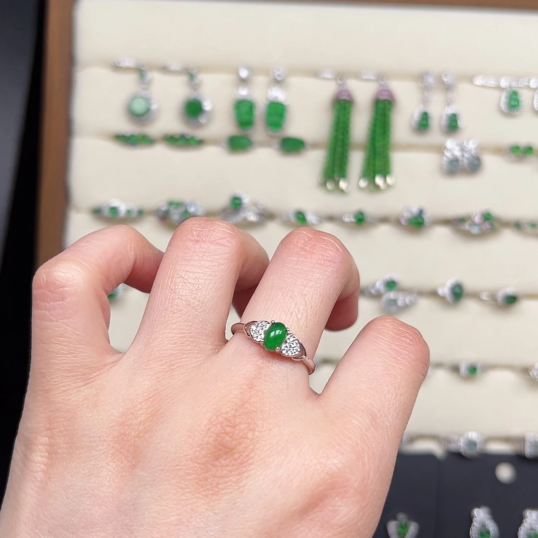 翡翠银S925镶嵌戒指天然