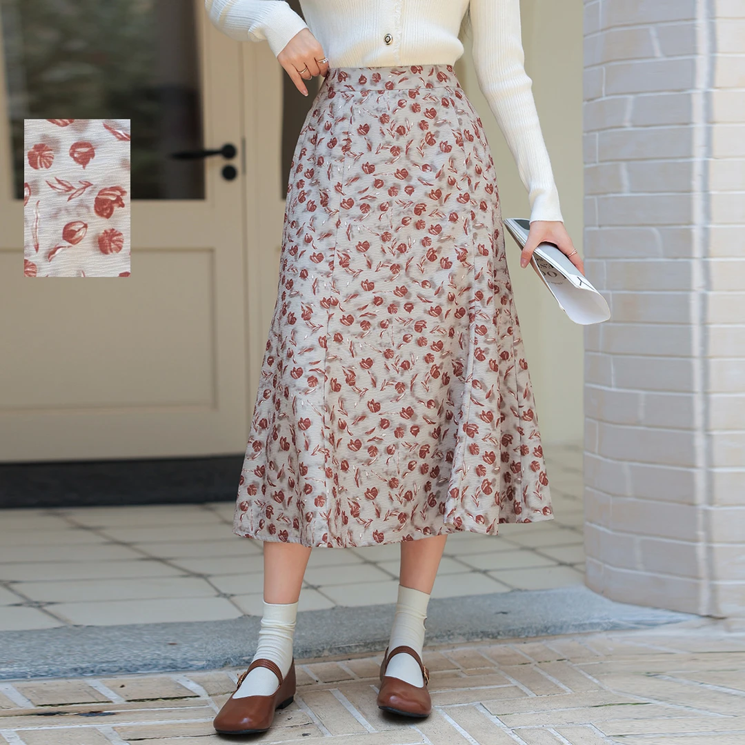 朵以2025秋新款复古田园风高腰碎花中长款半身裙鱼尾裙39DQ631078