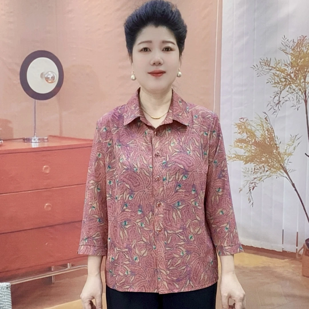 中老年奶奶夏装翻领七分袖衬衫舒适妈妈装