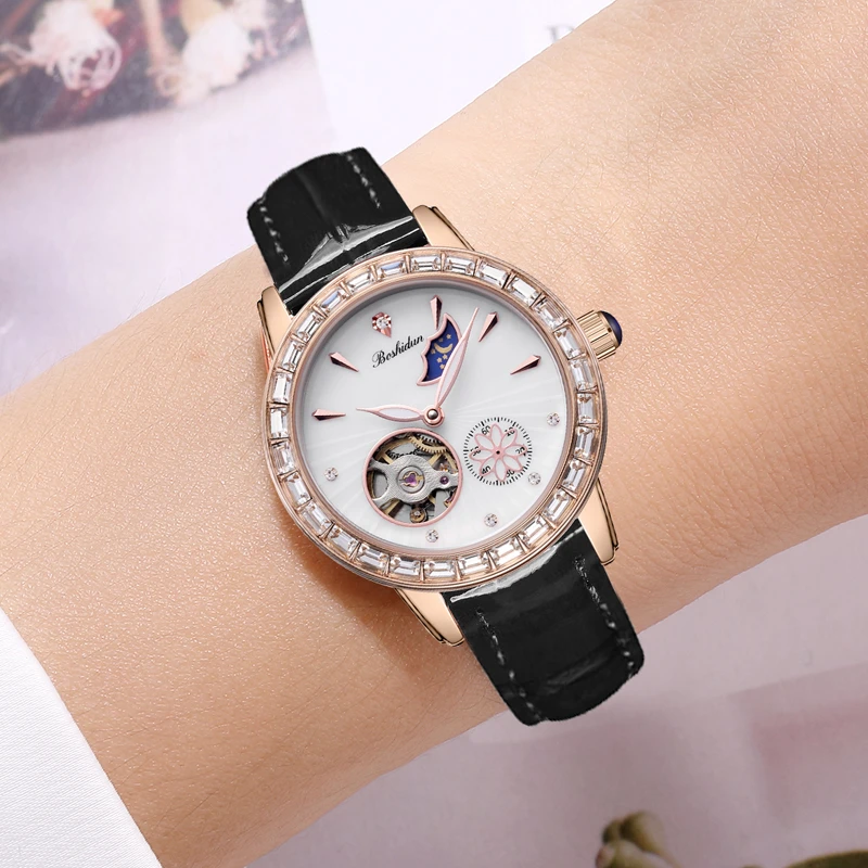 气质轻奢日月星辰镂空黑皮带自动机械女士表9112L专属-1