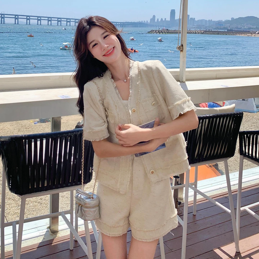 法式高级感毛边小香风套装女2025夏新款小个子甜美可爱风格衣服