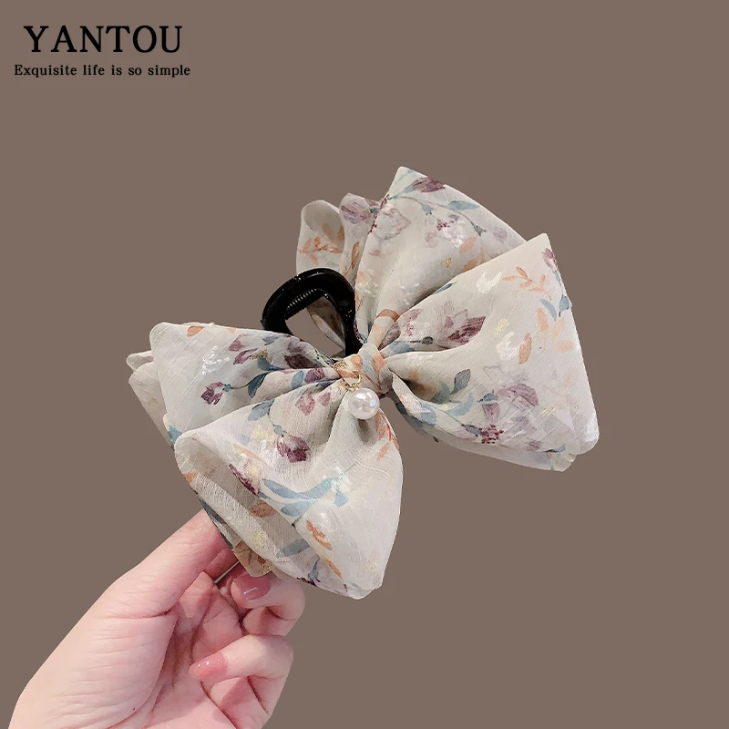 复古碎花高级感蝴蝶结优雅气质抓夹时尚轻奢发夹后脑勺盘发鲨鱼夹