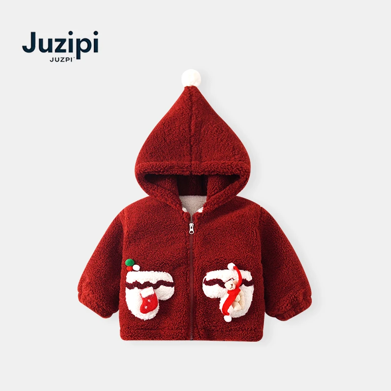 橘止皮·「圣诞系列」女童毛毛衣外套冬季加绒加厚连帽上衣DW256359
