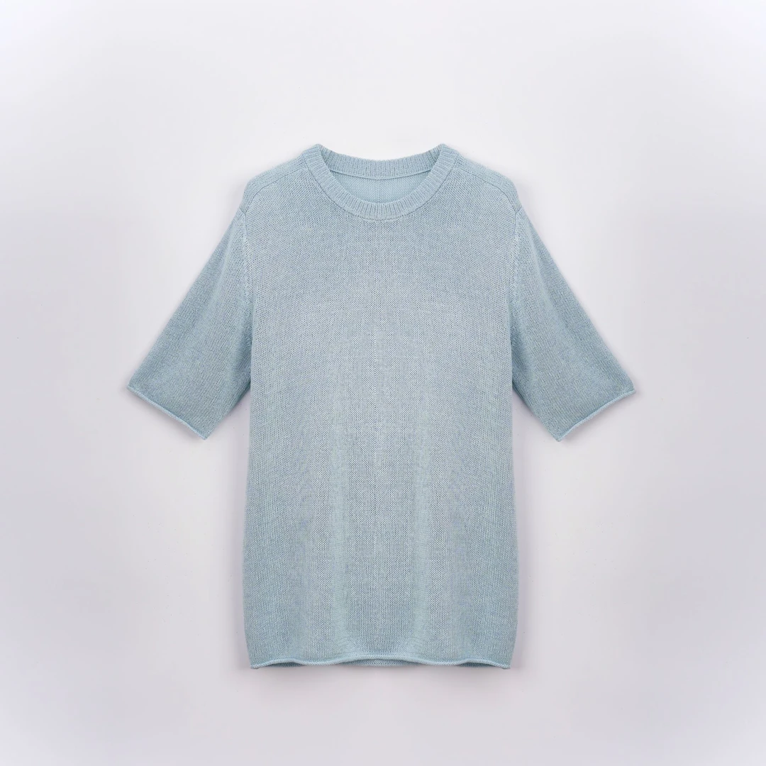 春夏宽松圆领套头百搭时尚短袖亚麻针织衫FH6771