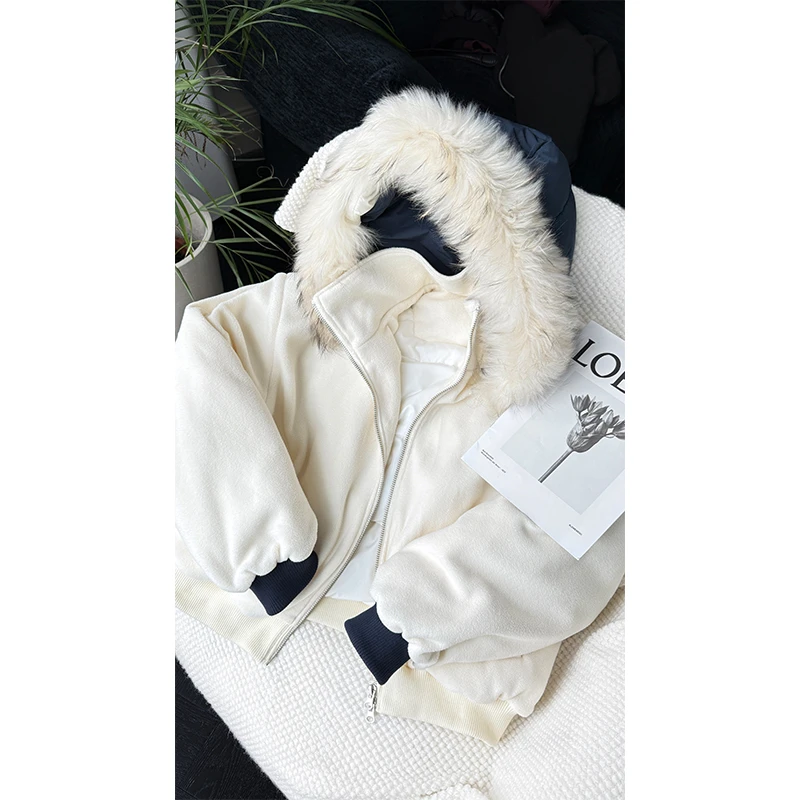 龙叨叨秋冬新品美式拼接毛领加厚棉服潮流百搭保暖连帽棉衣外套男