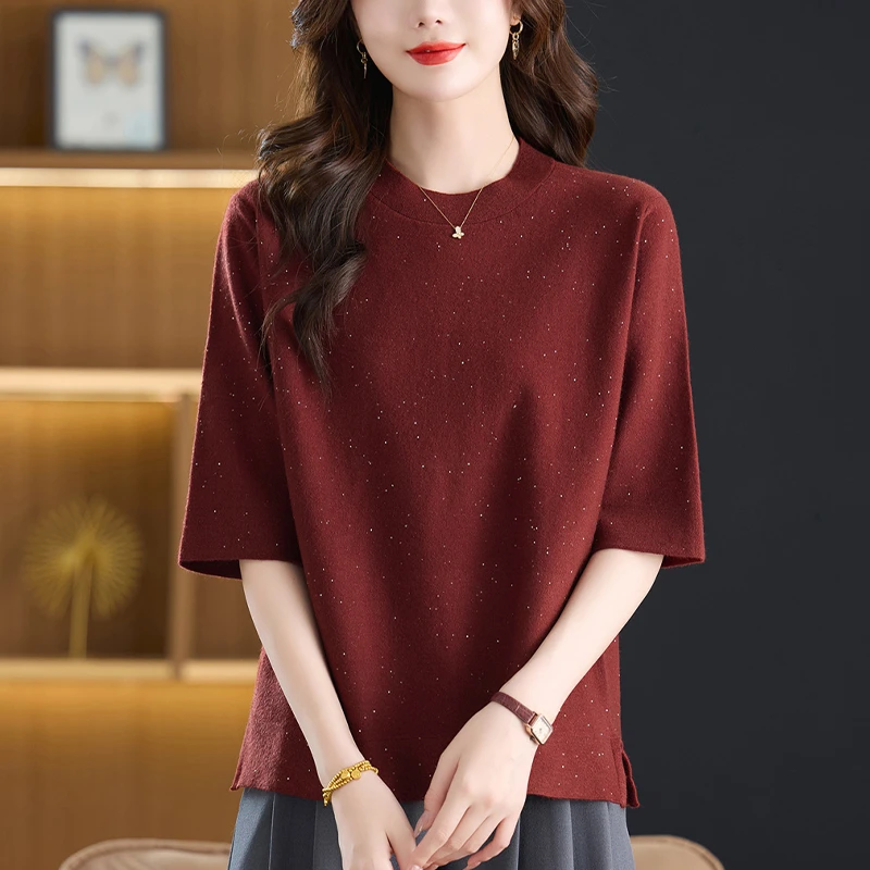 半袖针织衫女早秋大码宽松洋气红色上衣显瘦百搭薄款春秋中袖T恤