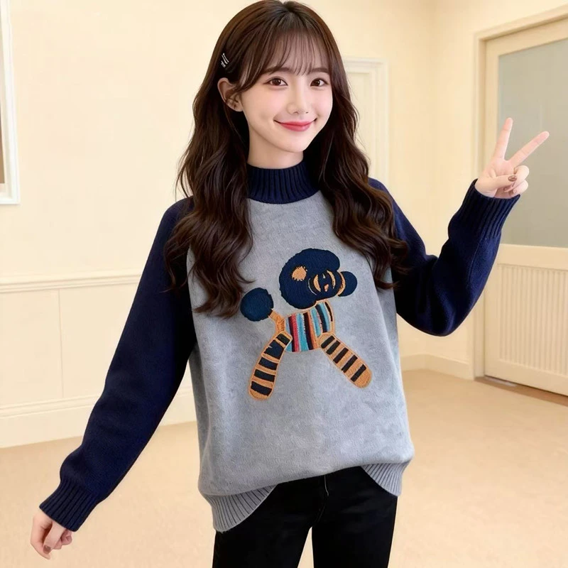 学院风卡通毛衣女中大童12-15岁13半高领加厚针织衫学生保暖上衣
