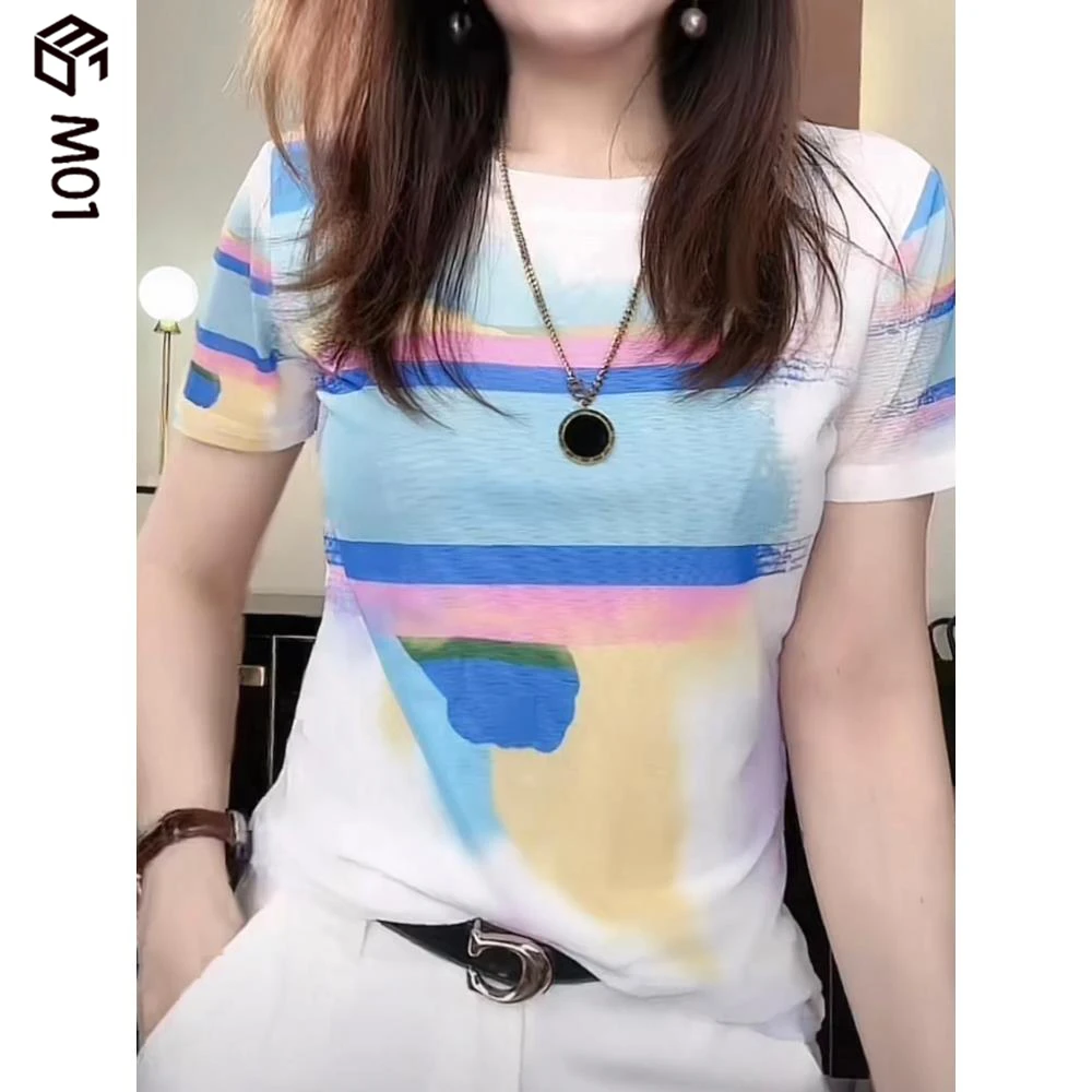 M01夏季新款高端独特别致撞色印花网纱正肩短袖t恤女气质百搭上衣