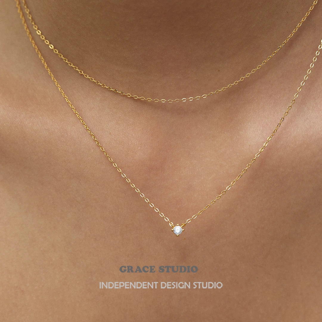 链子925银合成锆石 经典极细单颗闪钻双层项链纯银通勤叠戴锁骨链