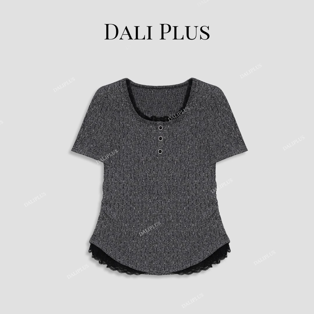DALI PLUS设计感收腰百搭通勤黑灰蕾丝方领针织T恤-D5MM2125