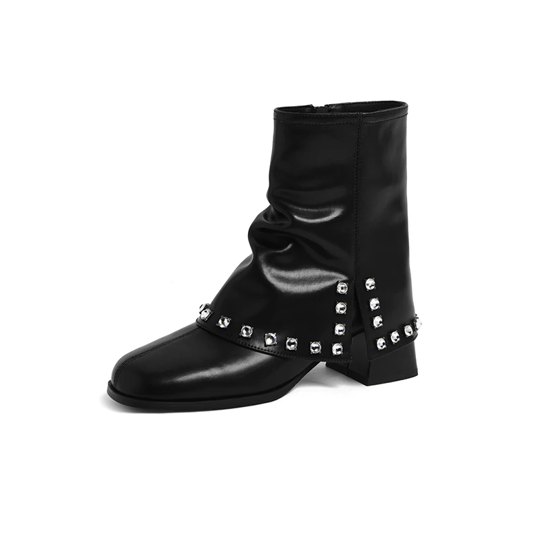 【卡美多】6cm双11秋冬黑色时尚方头粗跟瘦瘦靴时装靴76004