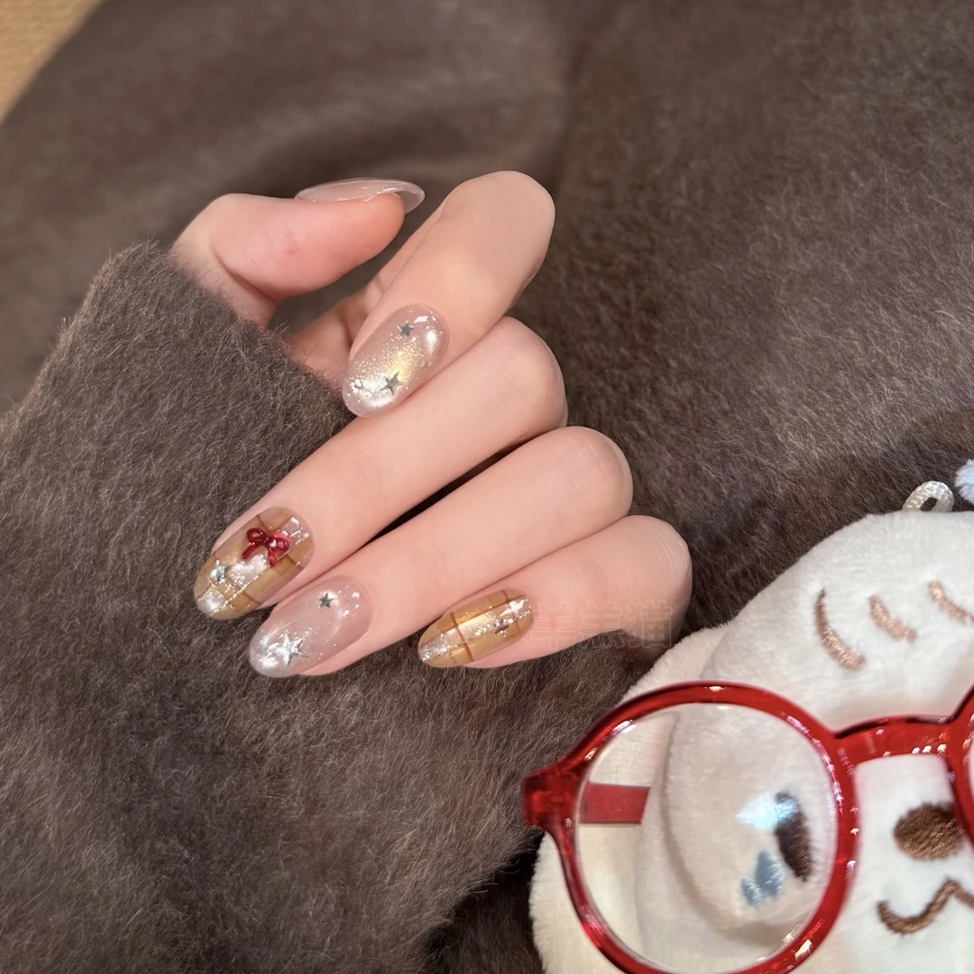 【圣诞结】秋冬爆款法式手绘KT手工穿戴甲玻璃珠可拆卸美甲10片装