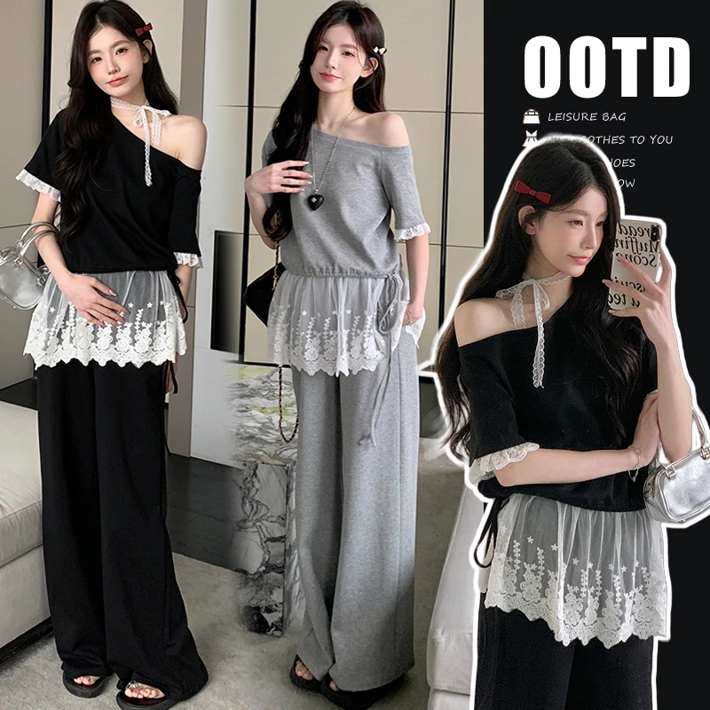 孕妇装女2025新款爆款洋气夏季新品潮斜肩上衣+阔腿裤猪鼻扣套装