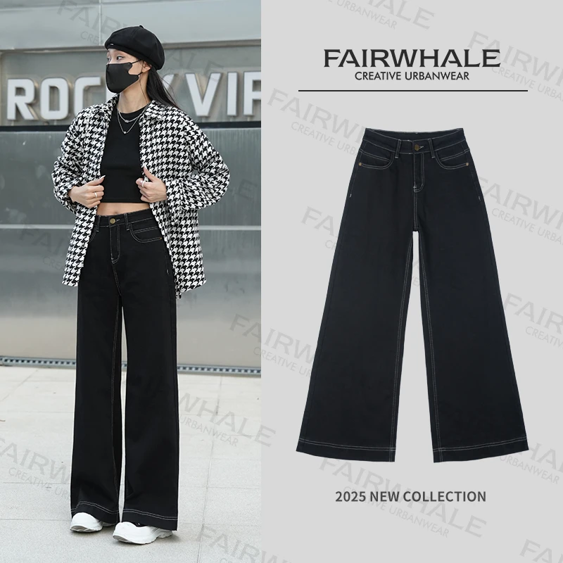 马克华菲黑色牛仔裤女初春外穿季加厚显瘦高腰直筒阔腿裤宽松