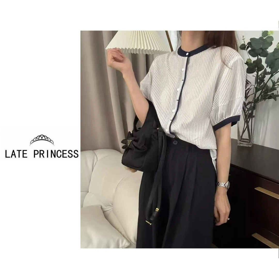 LATE PRINCESS【艺术派】夏装新款圆领条纹短袖百搭衬衣