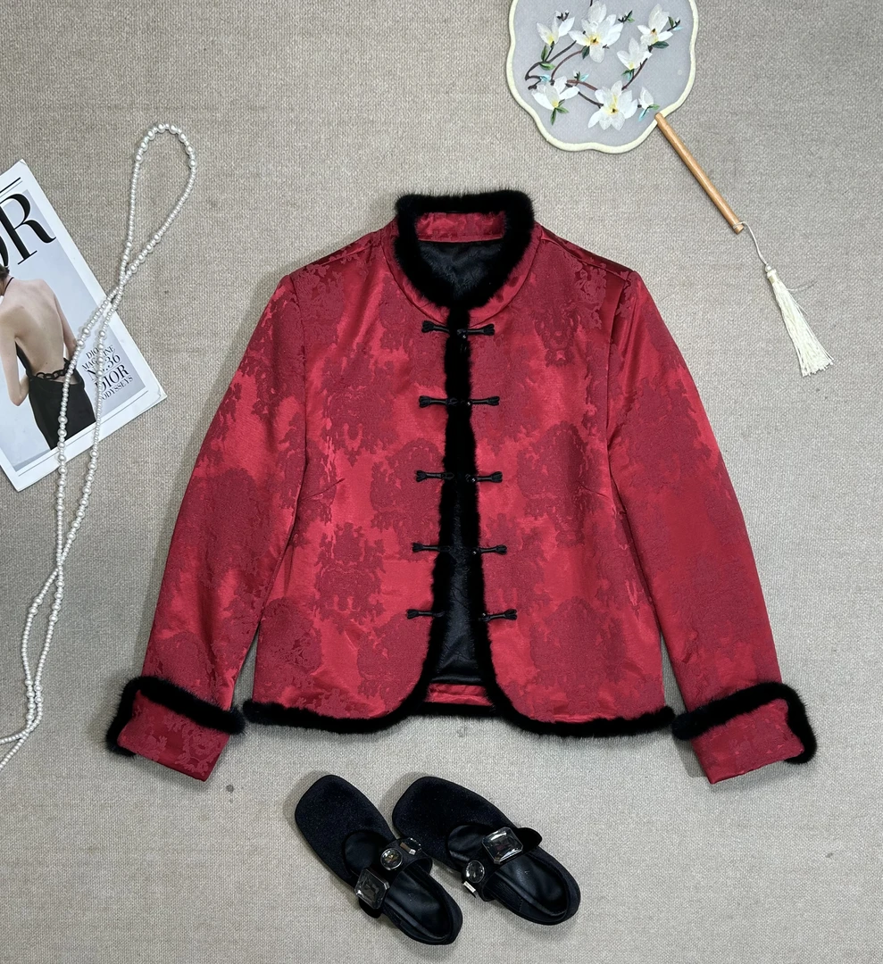 【铭雨鑫】冬季新款国风提花拼接水貂毛棉服外套8058#