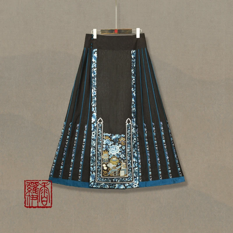 香罗伊【三蓝金宝】 传统 中式 中国风 三蓝博古手绣 马面裙