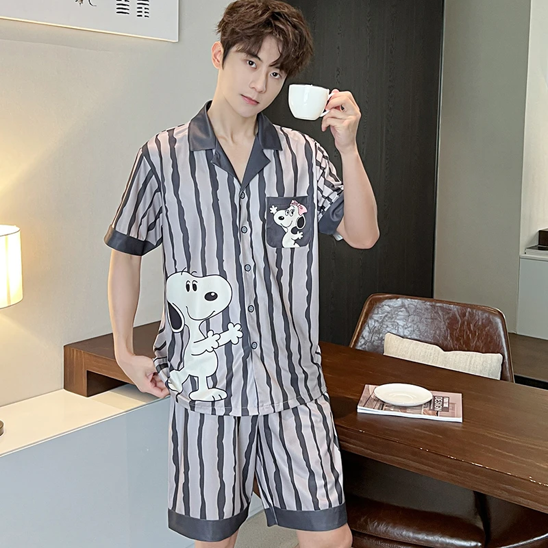 夏季男士冰丝螺纹卡通动漫休闲家居服睡衣